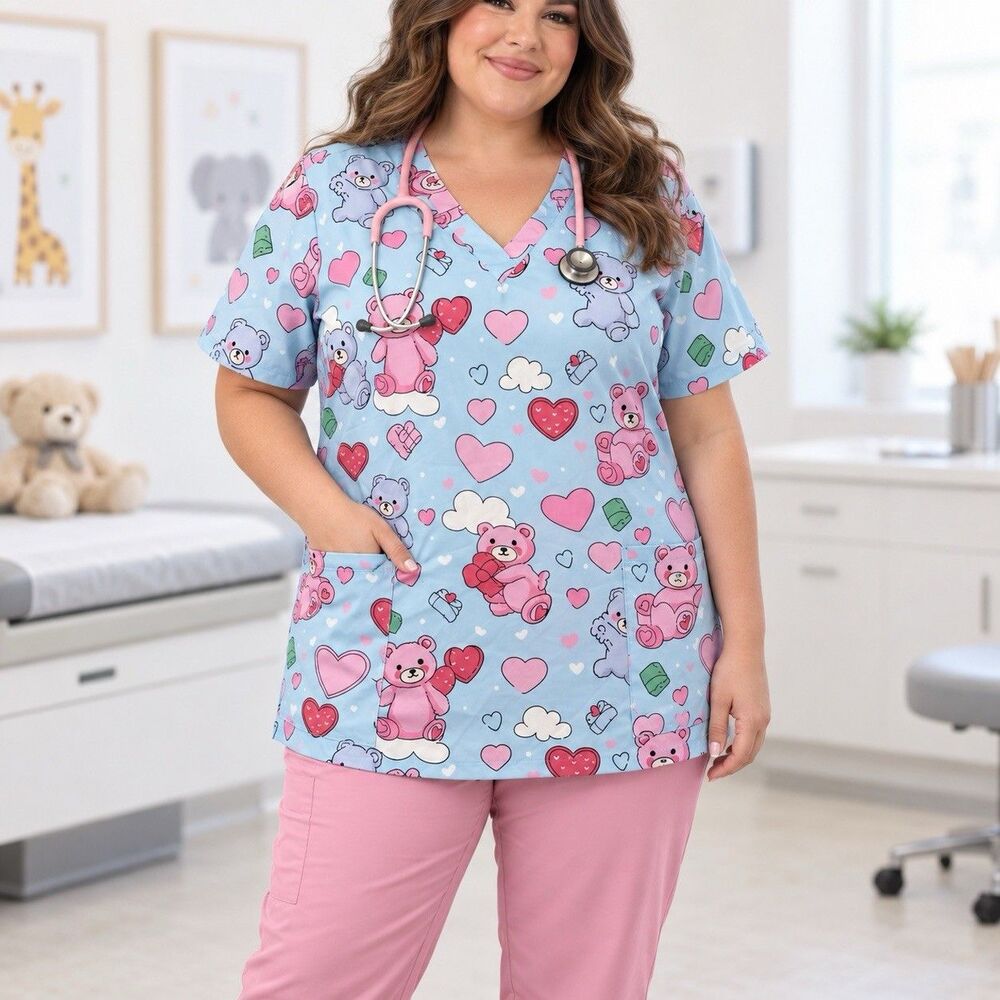 SHEIN Curve: 3XL Blue Teddy Bear Heart Print V-Neck Nurse Scrub Top Side Pockets